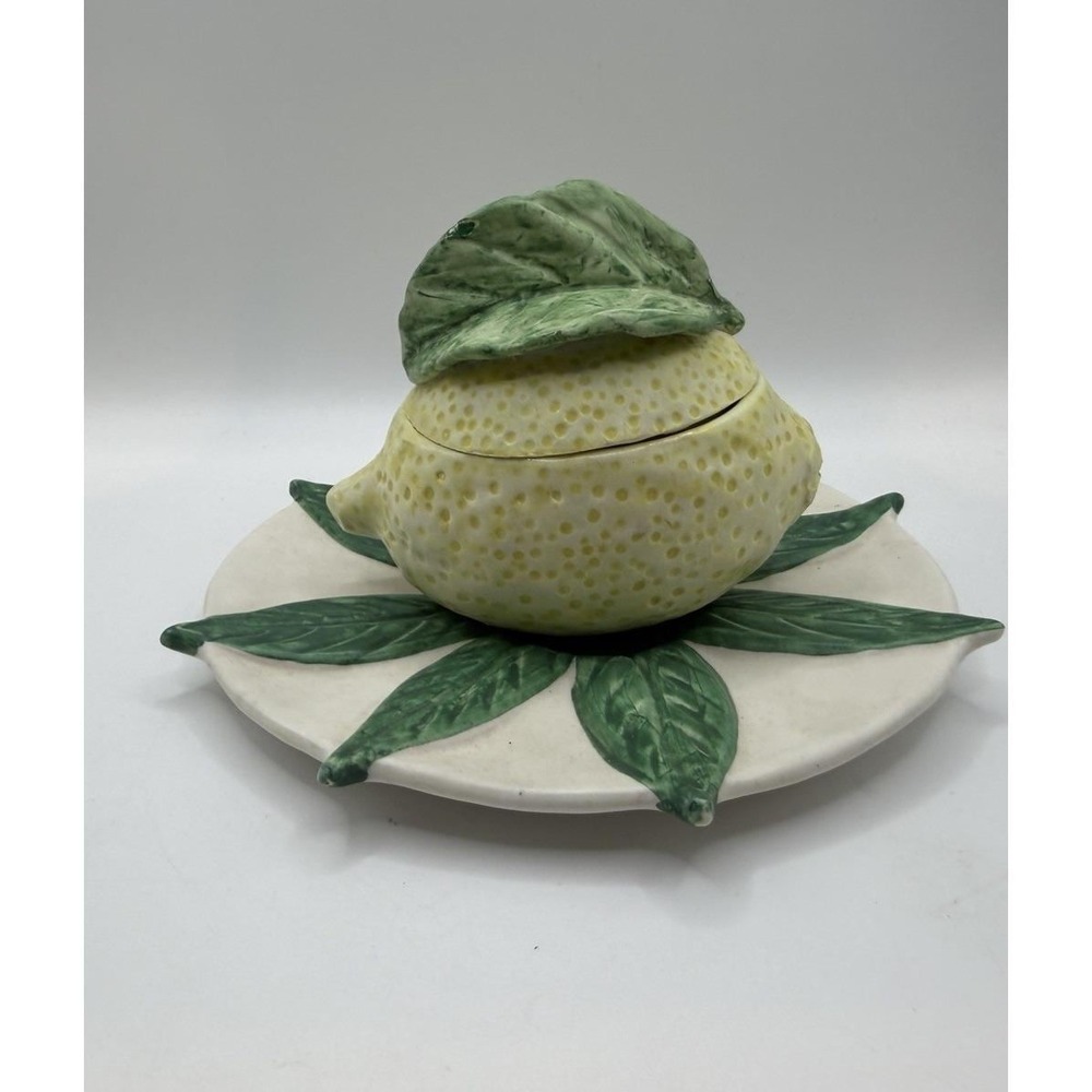 Vintage Italian Majolica Lemon Covered Dish w Plate Leaf Italy Hand Painted